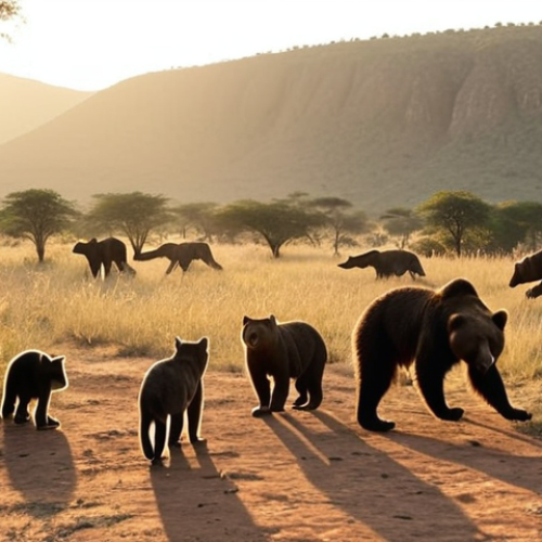 Home 4 **
Vashlovani National Park safari, showcasing diverse wildlife like wild cats, bears, and birds against a backdrop of unique landscapes. Early morning sunlight.
**