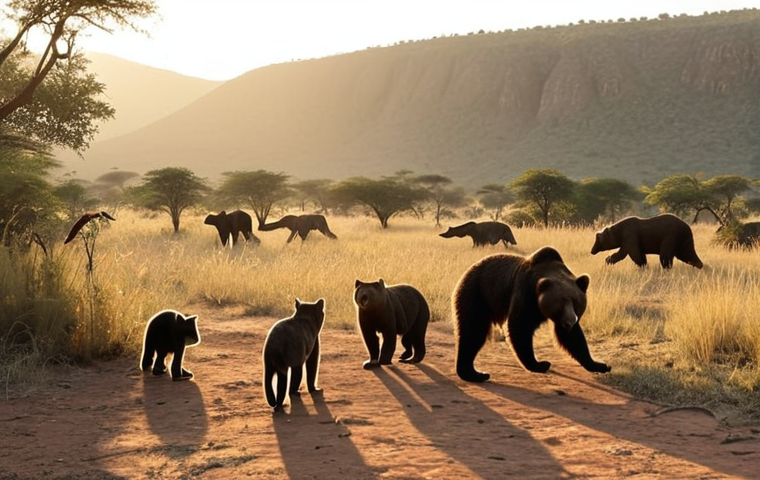 **
Vashlovani National Park safari, showcasing diverse wildlife like wild cats, bears, and birds against a backdrop of unique landscapes. Early morning sunlight.
**