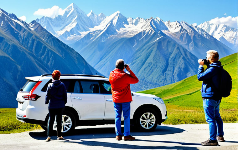 A diverse group of adult travelers, fully clothed in comfortable, appropriate attire suitable for outdoor exploration, stands at a mountain viewpoint, admiring the majestic peaks of the Georgian Caucasus under a clear blue sky. One traveler holds a camera, capturing the moment, while another points towards the distant landscape. A modern, clean SUV is parked discreetly in the background, symbolizing comfortable, pre-booked transportation. Professional travel photography, vibrant colors, natural lighting, high-resolution, sharp focus, safe for work, appropriate content, fully clothed, modest clothing, natural body proportions, perfect anatomy, correct proportions, natural pose, well-formed hands, proper finger count, family-friendly.