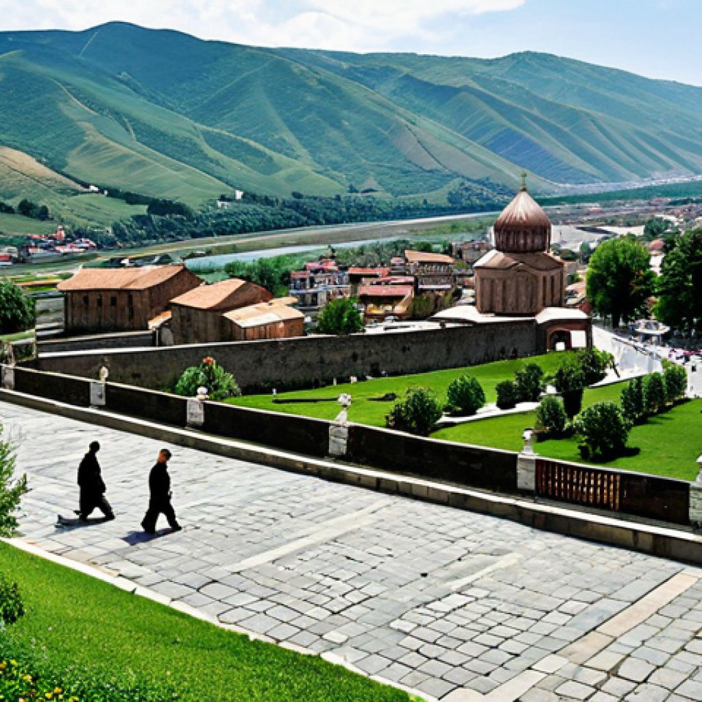**
"Ancient Mtskheta, Georgia: A panoramic view of the historic city nestled at the confluence of rivers, showcasing Svetitskhoveli Cathedral and Jvari Monastery in the distance. Modest buildings and lush greenery fill the landscape. Fully clothed figures stroll through the town square, engaging in daily activities. Safe for work, appropriate content, professional photography, perfect anatomy, natural proportions, modest attire, family-friendly, high resolution."
**