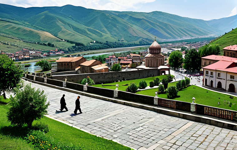 **
"Ancient Mtskheta, Georgia: A panoramic view of the historic city nestled at the confluence of rivers, showcasing Svetitskhoveli Cathedral and Jvari Monastery in the distance. Modest buildings and lush greenery fill the landscape. Fully clothed figures stroll through the town square, engaging in daily activities. Safe for work, appropriate content, professional photography, perfect anatomy, natural proportions, modest attire, family-friendly, high resolution."
**