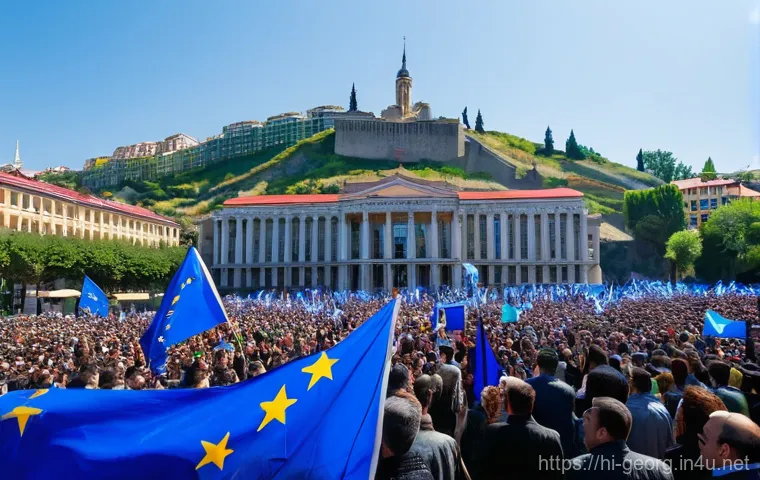 조지아 주요 정치 이슈 - **Prompt 1: The Spirit of Georgian Protests for Europe**
"A vibrant, dynamic, and peaceful stree...