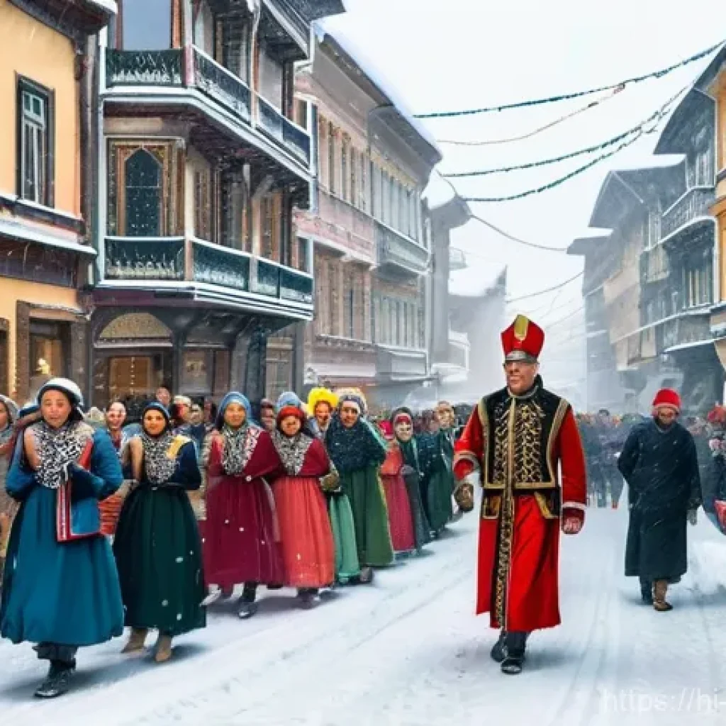 조지아의 전통 겨울 축제 - **Alilo Parade in a Snowy Georgian City:**
"A vibrant and festive 'Alilo' parade making its way ...