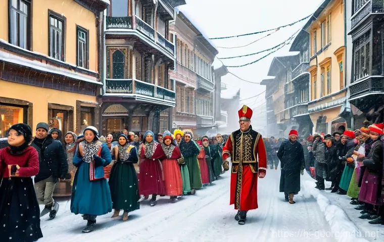 조지아의 전통 겨울 축제 - **Alilo Parade in a Snowy Georgian City:**
"A vibrant and festive 'Alilo' parade making its way ...