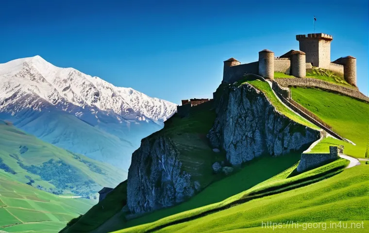 조지아 전통 건축 양식 - **Prompt:** A majestic, ancient Georgian fortress perched dramatically on a high, rugged mountain pe...