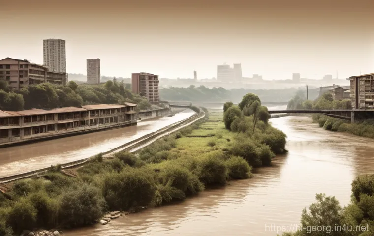 조지아의 환경 문제와 대책 - **Prompt:** A thought-provoking, high-angle shot of a sprawling urban landscape, reminiscent of Tbil...