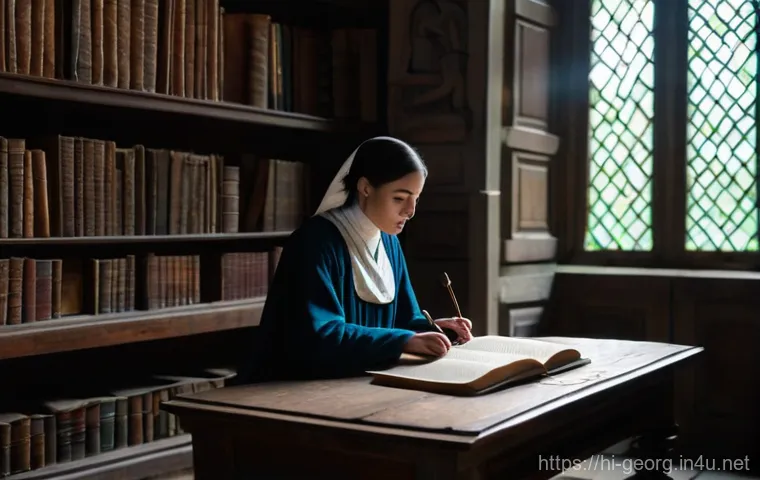 조지아 언어의 역사적 발전 - **Prompt:** A serene and ancient scriptorium within a Georgian monastery, bathed in soft, diffused l...