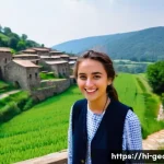 조지아에서 인기 있는 유튜브 채널 - **Georgian Vlogger Exploring Ancient Village:** A young, energetic female vlogger, in her early twen...