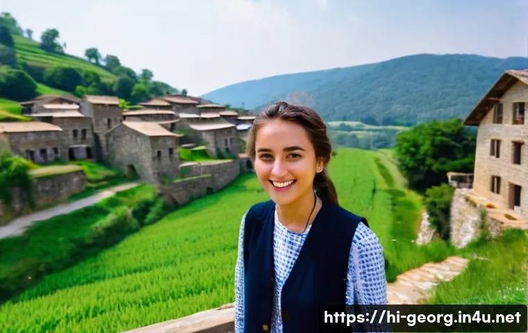 조지아에서 인기 있는 유튜브 채널 - **Georgian Vlogger Exploring Ancient Village:** A young, energetic female vlogger, in her early twen...